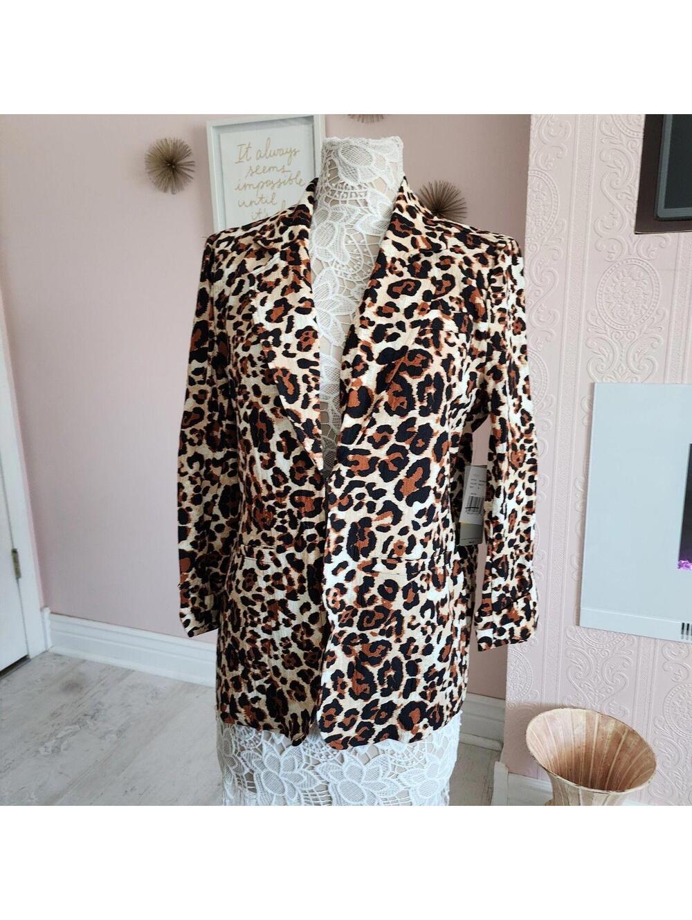 NWT Multiples Leopard Print Notch Collar Tucked Cuff 3/4 Sleeve Jacket M - Picture 3 of 9